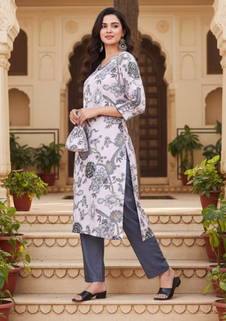 White Printed Cotton Kurta Set - Indya