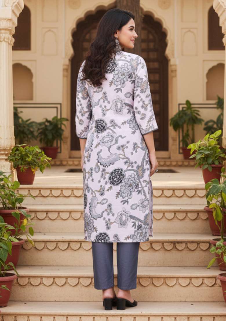 White Floral Print Cotton Straight Kurta Set - Indya