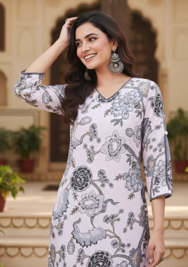 White Printed Cotton Kurta Set - Indya