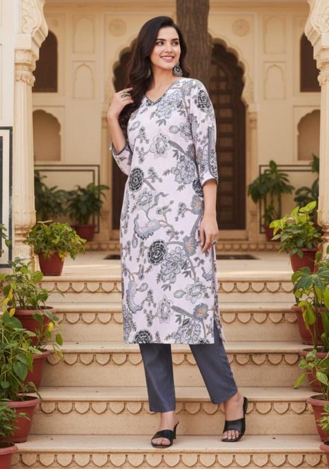 White Printed Cotton Kurta Set