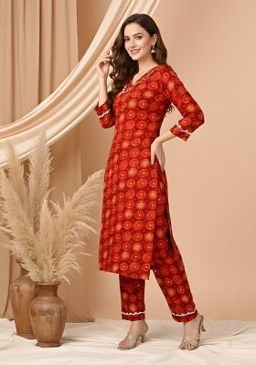 Maroon Printed Silk Kurta Set