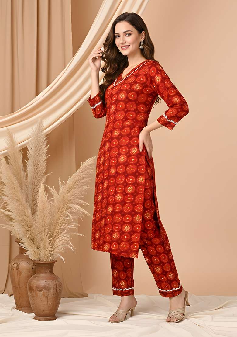 Maroon Printed Silk Blend Straight Kurta Set - Indya