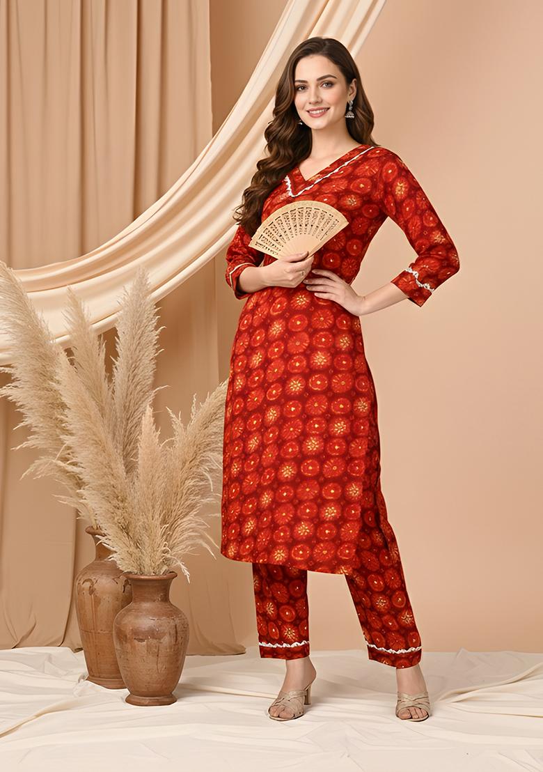 Maroon Printed Silk Kurta Set - Indya