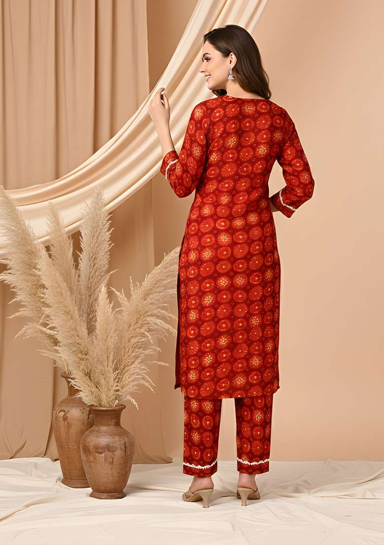 Maroon Printed Silk Blend Straight Kurta Set - Indya