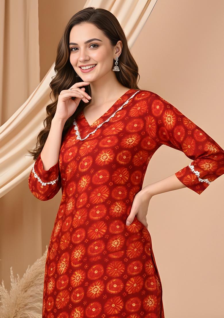 Maroon Printed Silk Kurta Set - Indya