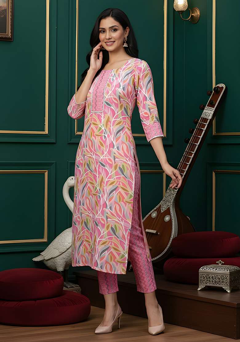 Pink Floral Print Cotton Straight Kurta Set - Indya