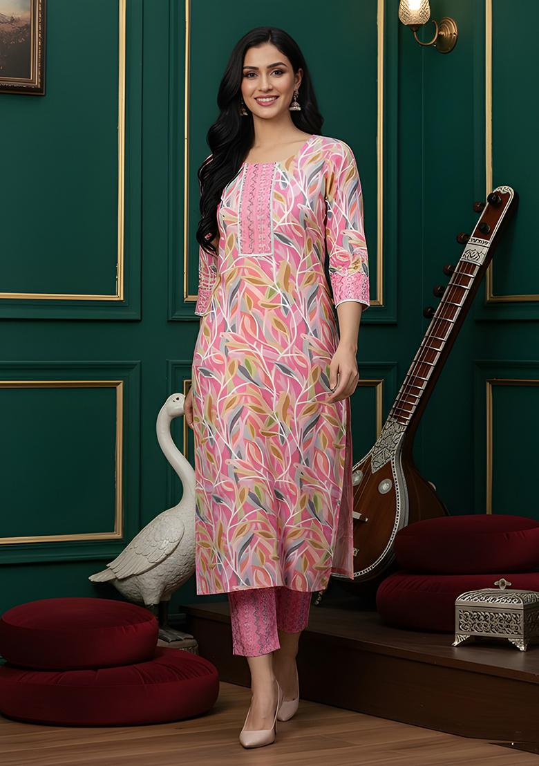 Pink Printed Cotton Kurta Set - Indya