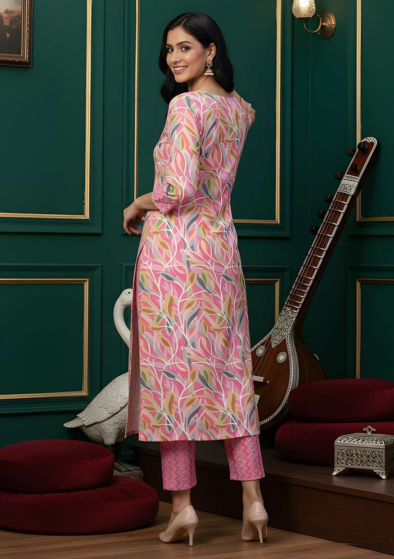 Pink Floral Print Cotton Straight Kurta Set - Indya