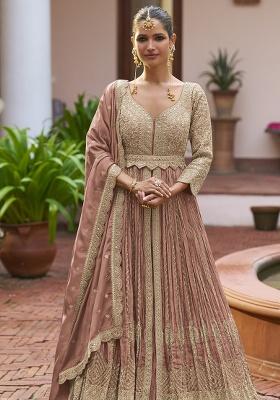 Olive Embroidered Silk Anarkali Set