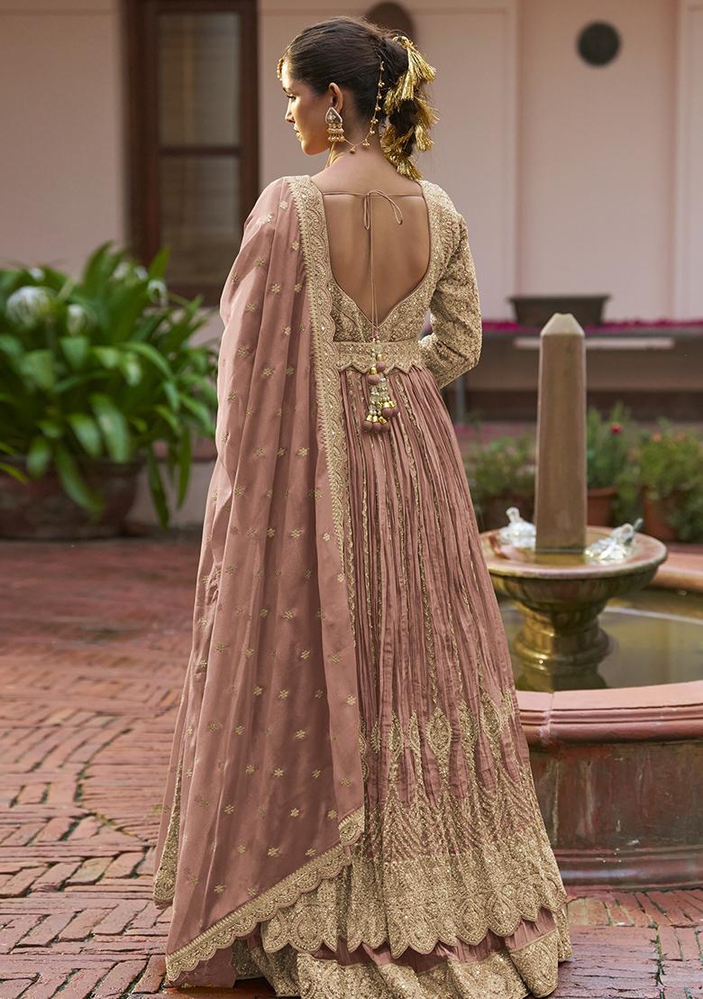 Olive Embroidered Silk Anarkali Set - Indya