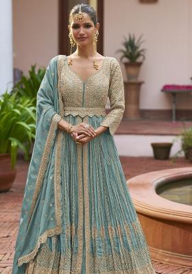 Blue Embroidered Silk Anarkali Set