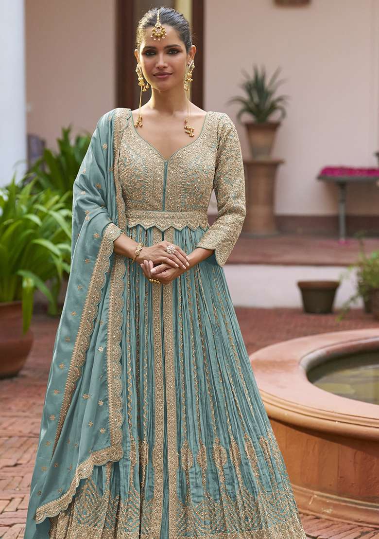 Blue Embroidered Silk Anarkali Set - Indya