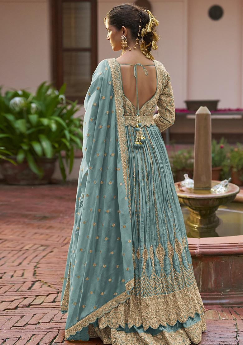 Blue Embroidered Silk Anarkali Set - Indya