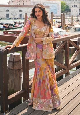Peach Embroidered Silk Kurta Set