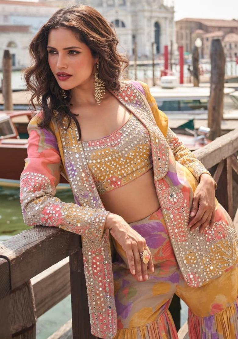 Peach Embroidered Silk Kurta Set - Indya