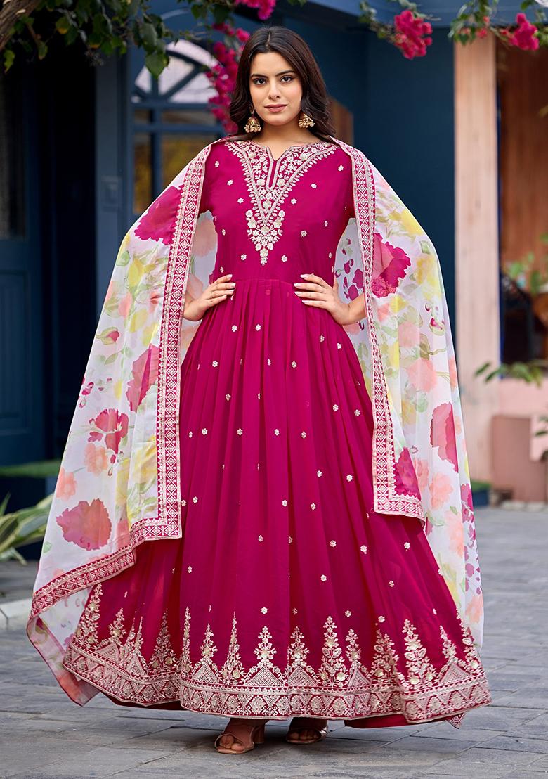 Pink Embroidered Georgette Anarkali With Dupatta - Indya