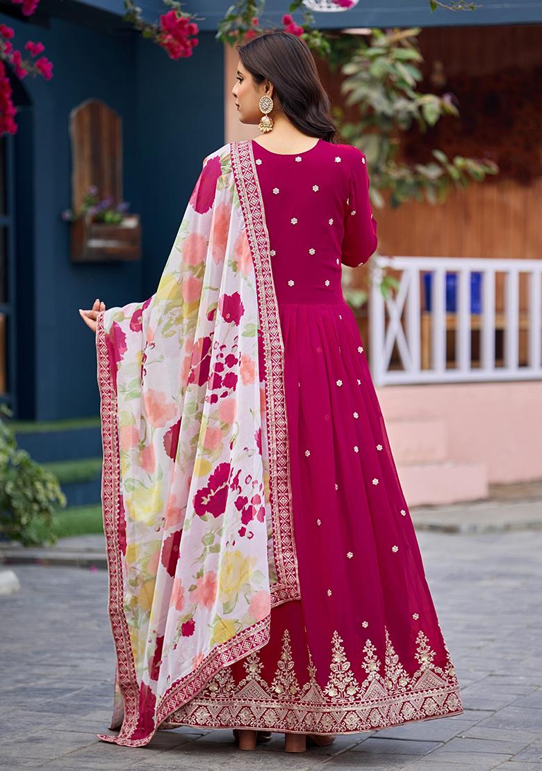 Pink Embroidered Georgette Anarkali With Dupatta - Indya