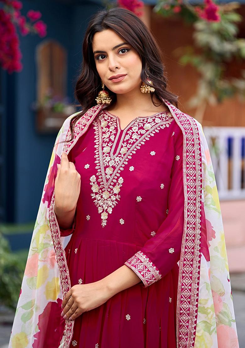 Pink Embroidered Georgette Anarkali With Dupatta - Indya