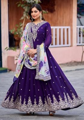 Purple Embroidered Georgette Anarkali With Dupatta