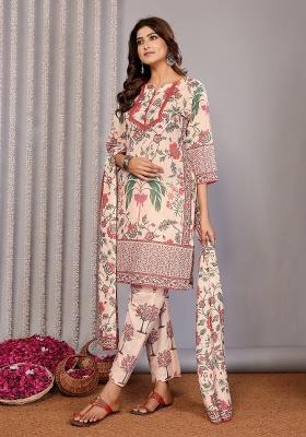 Cream Printed Linen Kurta Set