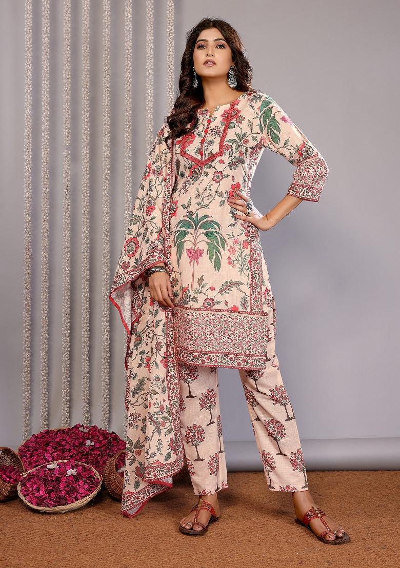 Cream Printed Linen Kurta Set - Indya