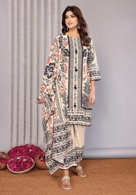Cream Printed Linen Kurta Set