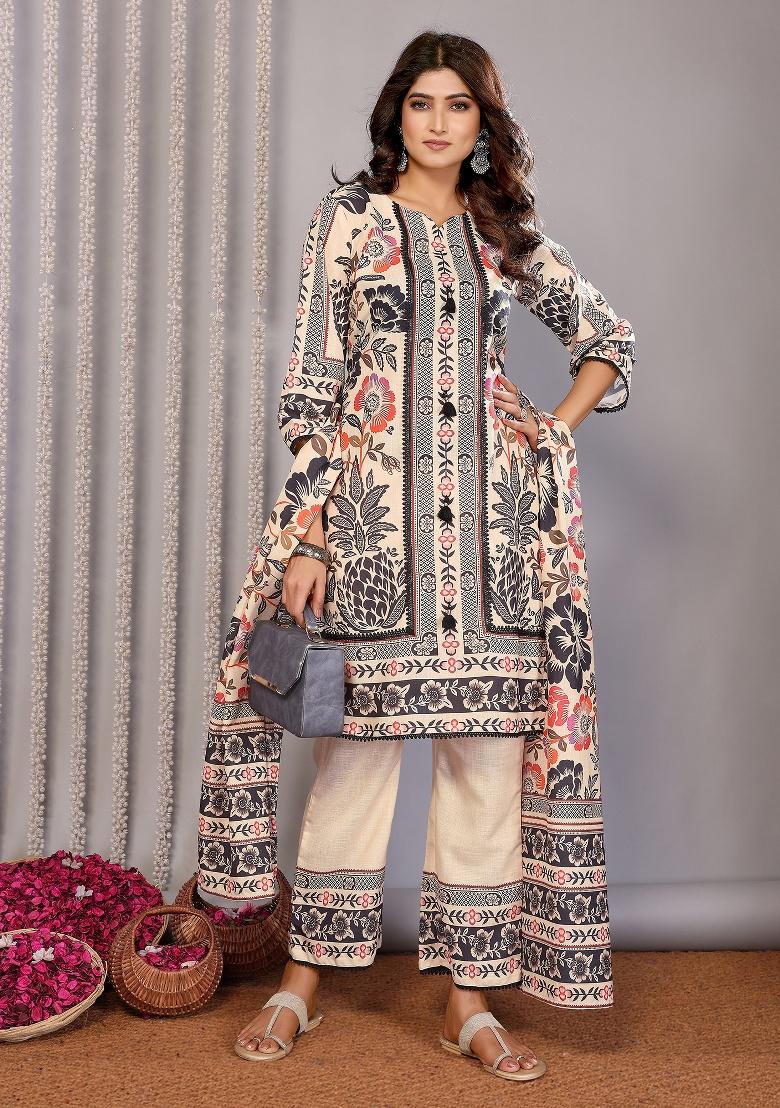 Cream Printed Linen Kurta Set - Indya