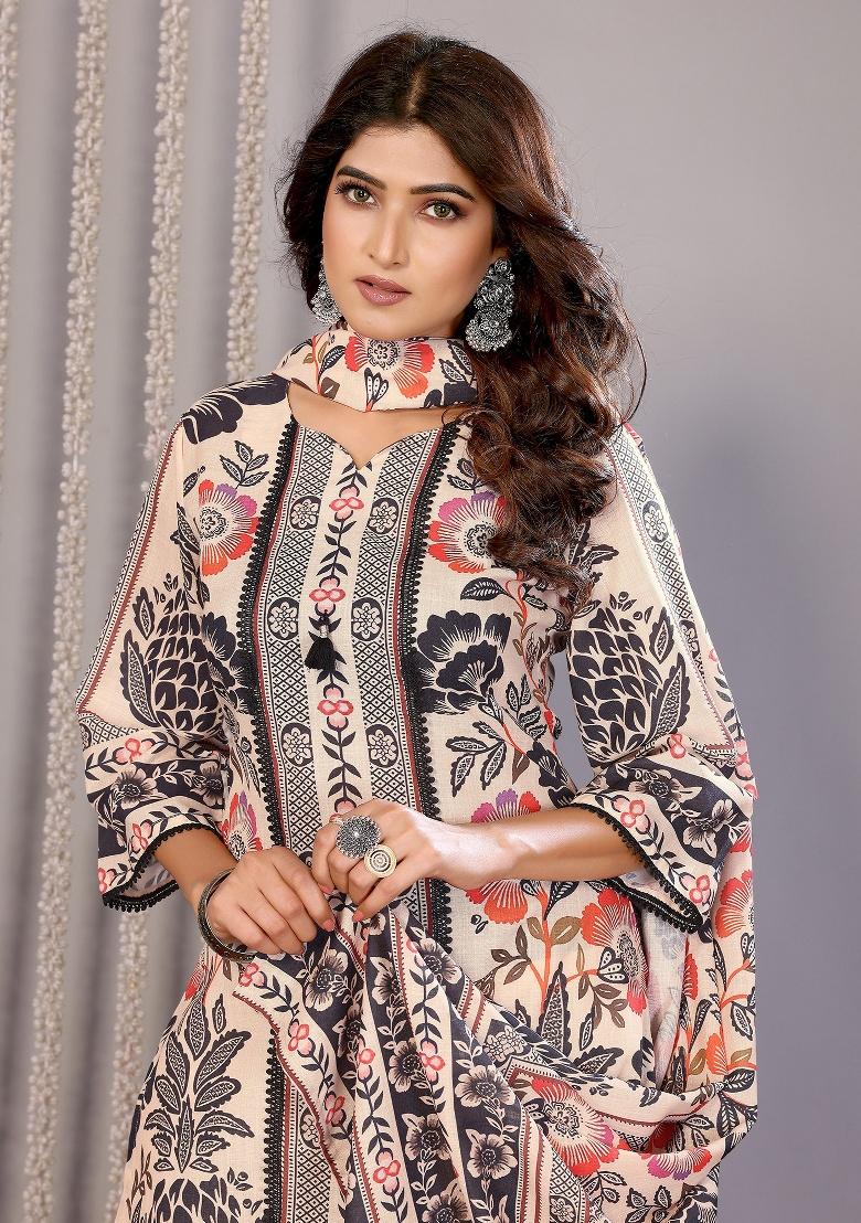 Cream Printed Linen Kurta Set - Indya