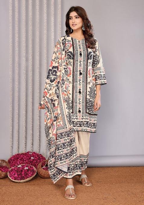 Cream Printed Linen Kurta Set