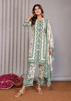 Off White And Forest Green Printed Linen Kurta Set
