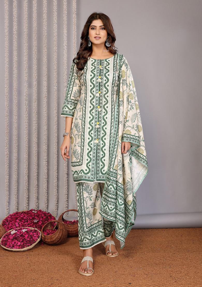 Off White And Forest Green Printed Linen Kurta Set - Indya