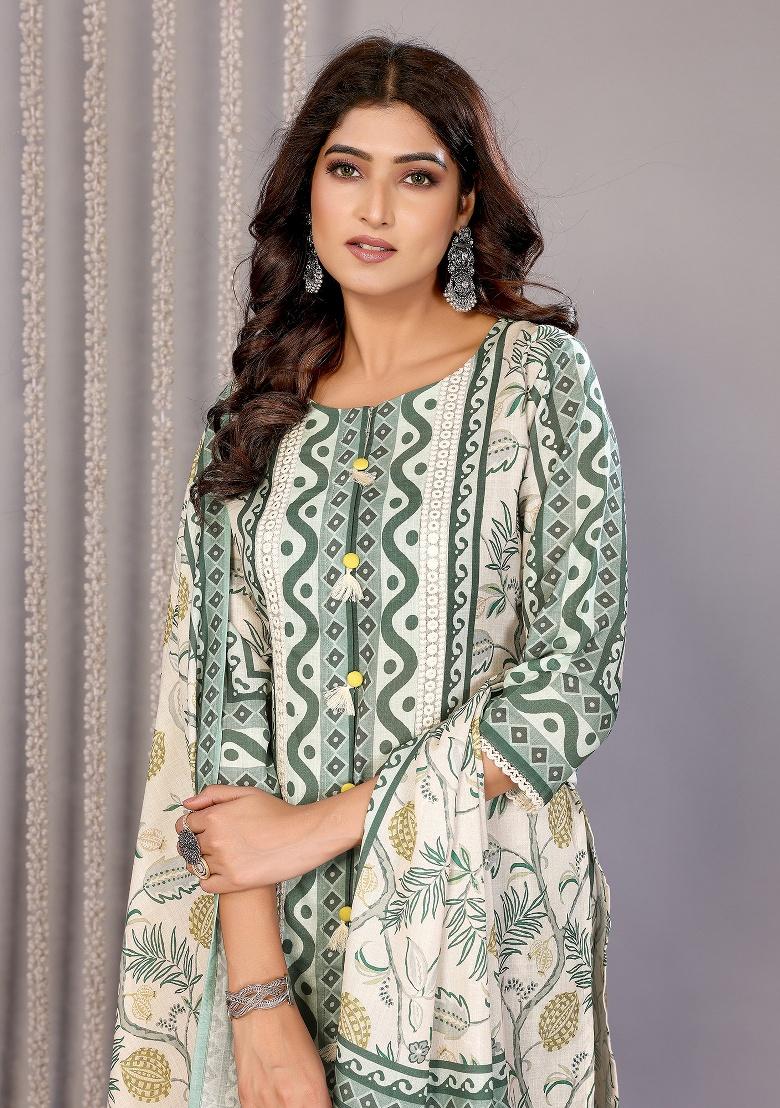 Off White And Forest Green Printed Linen Kurta Set - Indya