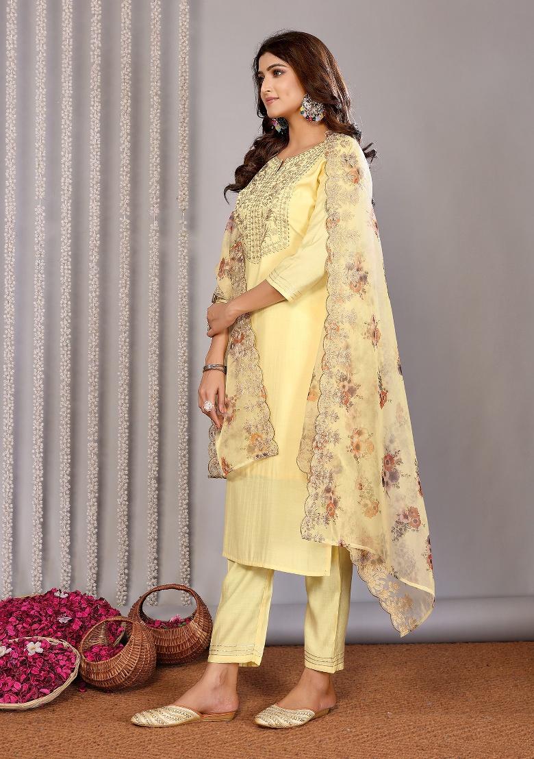 Pale Yellow Embroidery Roman Kurta Set - Indya