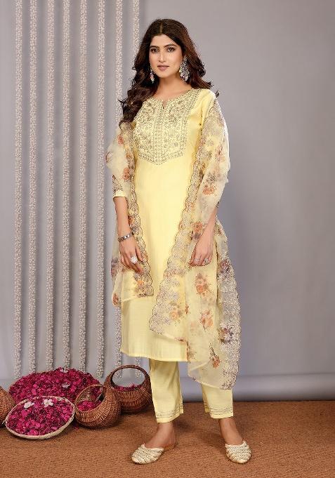 Pale Yellow Embroidery Roman Kurta Set