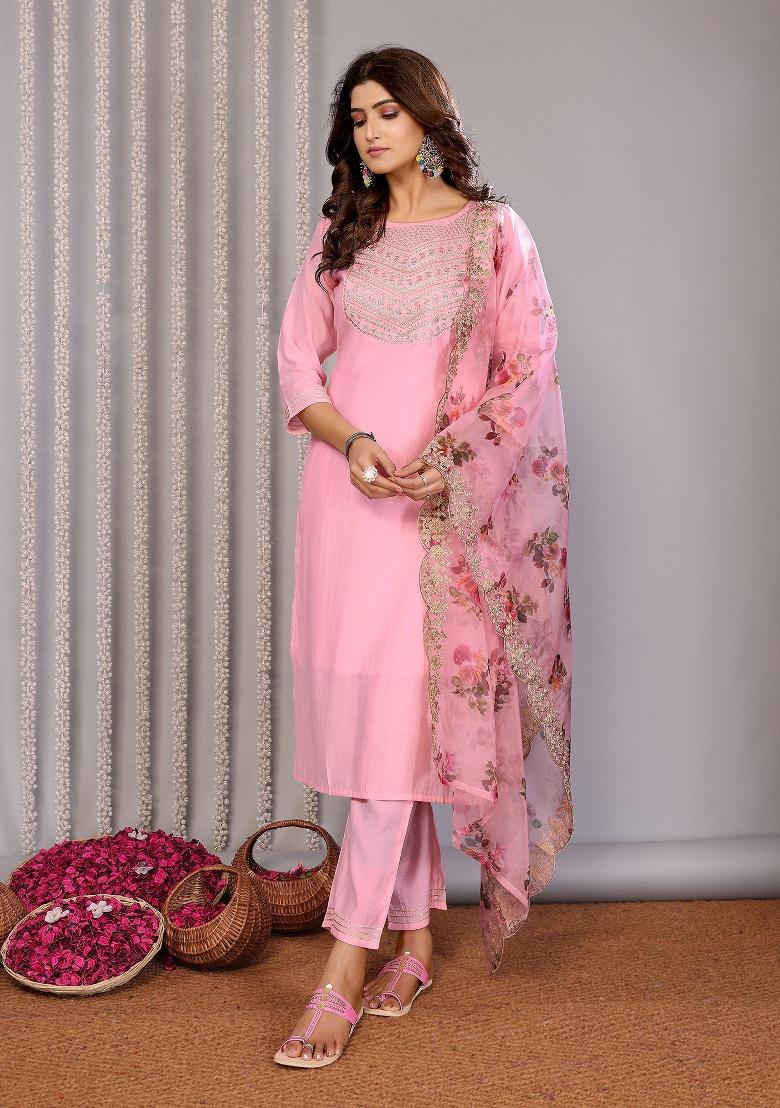 Light Pink Embroidery Roman Kurta Set - Indya