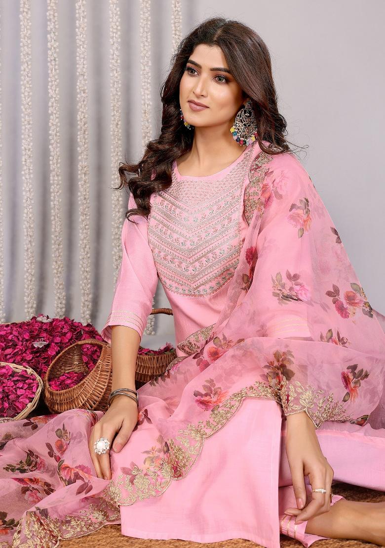 Light Pink Embroidery Roman Kurta Set - Indya