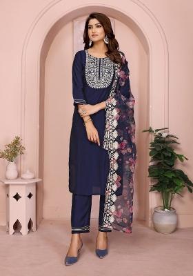 Navy Blue Embroidery Roman Kurta Set