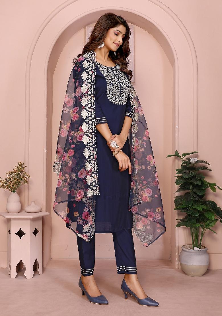 Navy Blue Embroidery Roman Kurta Set - Indya