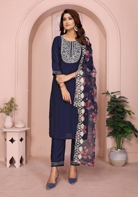 Navy Blue Embroidery Roman Kurta Set