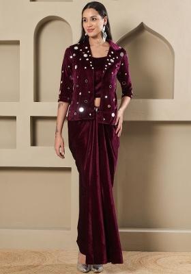 Wine Embellishment Velvet Kurta Set