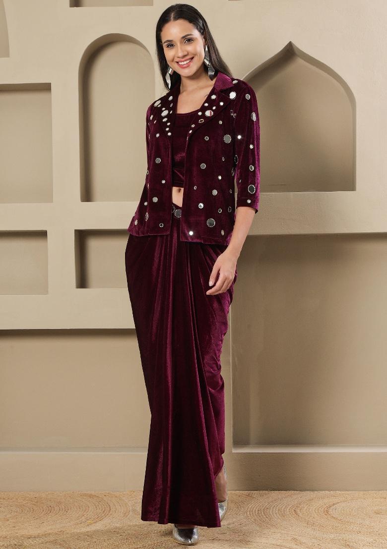 Wine Embellishment Velvet Kurta Set - Indya
