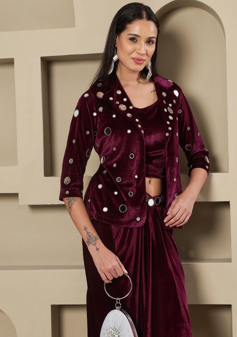 Wine Embellishment Velvet Kurta Set - Indya