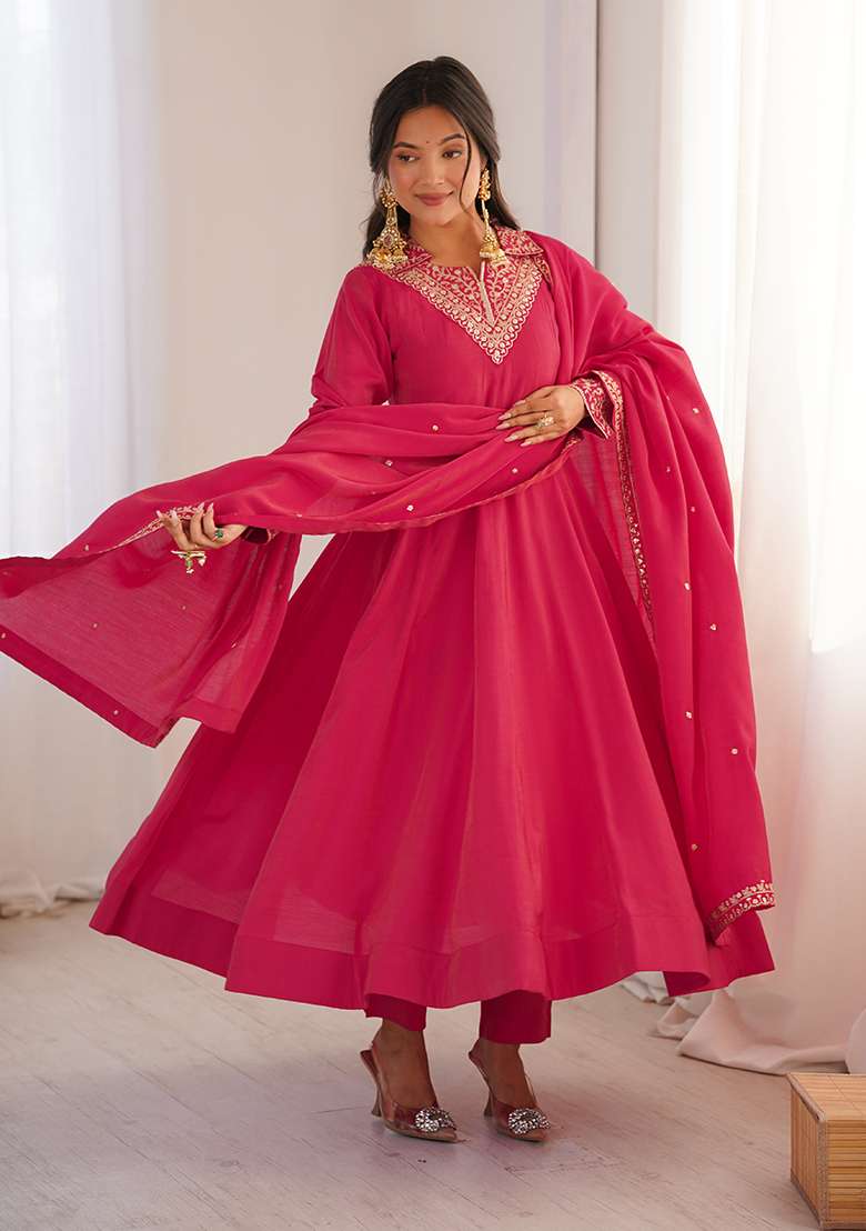 Baby Pink Embroidered Silk Blend Anarkali Set - Indya