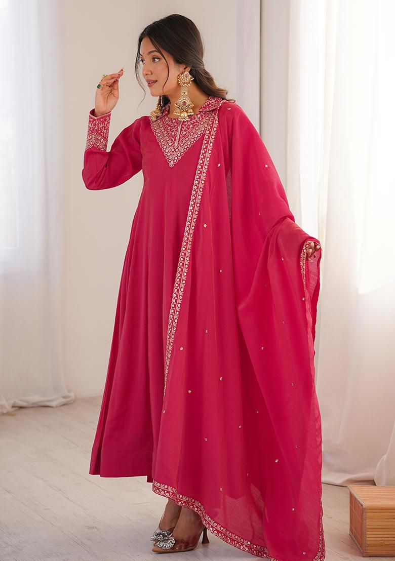 Baby Pink Sequin Silk Anarkali Set - Indya