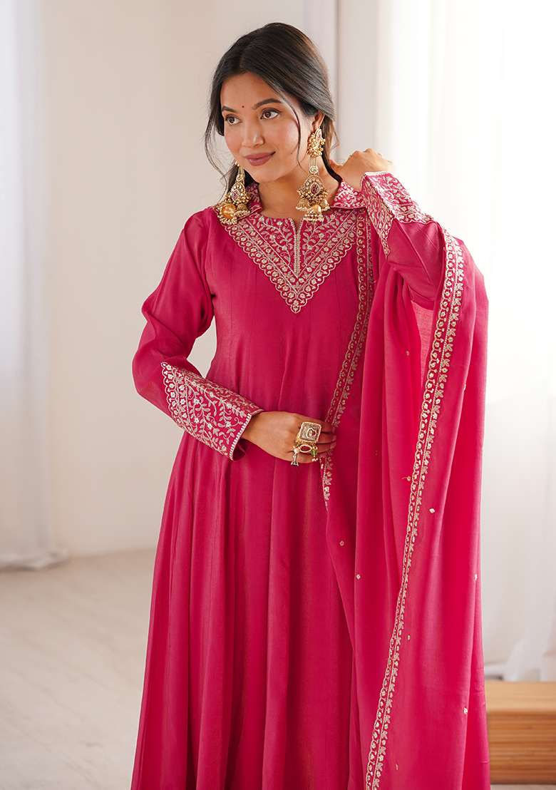 Baby Pink Embroidered Silk Blend Anarkali Set - Indya