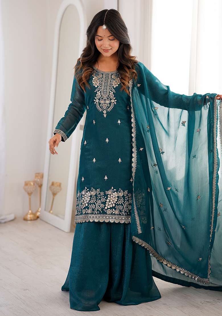 Teal Blue Sequin Silk Sharara Set - Indya