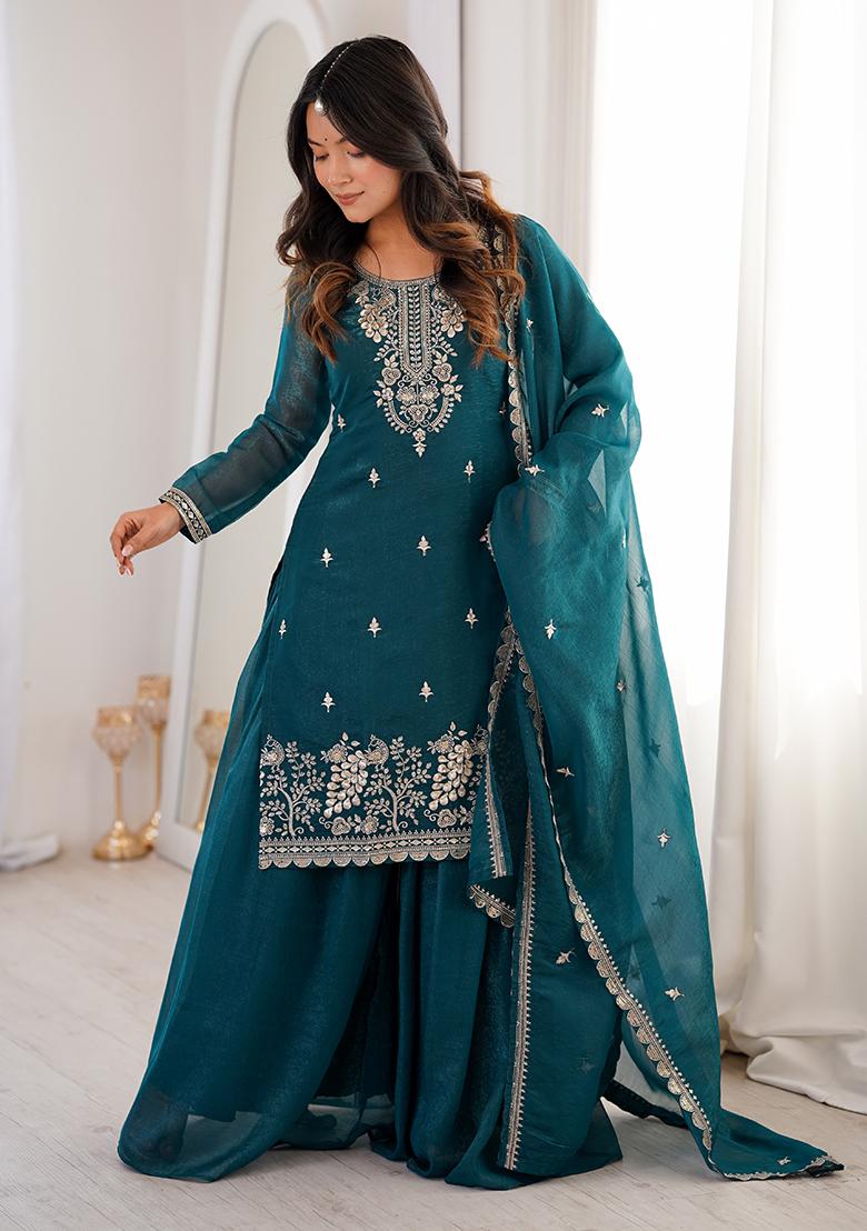 Teal Blue Sequin Silk Sharara Set - Indya