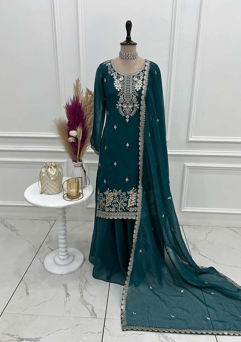 Teal Blue Sequin Silk Sharara Set - Indya