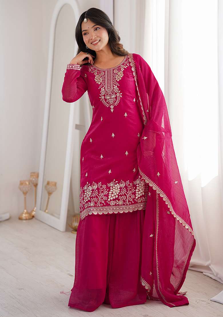 Baby Pink Sequin Silk Sharara Set - Indya