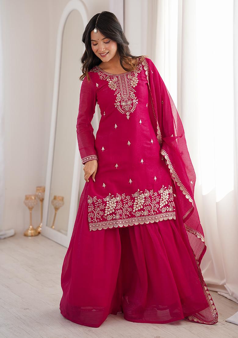 Baby Pink Sequin Silk Sharara Set - Indya